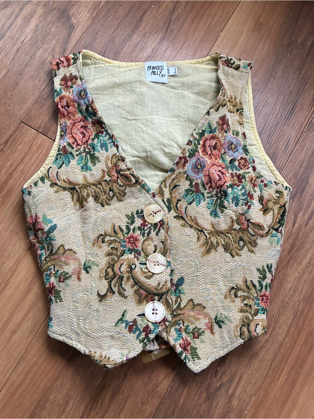 Princess Polly Floral Tapestry  Renaissance Vest Cropped Woven Beige Size US 2